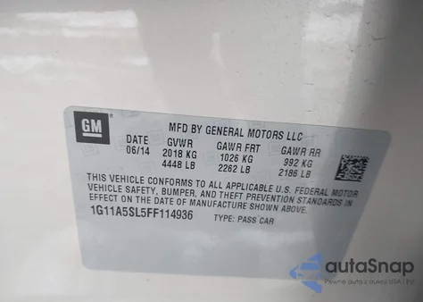 2015 Chevrolet Malibu 1Fl from USA, damaged, VIN 1G11A5SL5FF114936